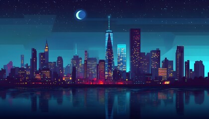 Night cityscape with vibrant colors and reflections.