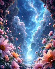 Enchanted Bloomscape: A celestial realm blossoms with pastel flowers and ethereal clouds, creating a tranquil and magical environment.