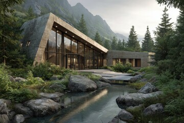 Fototapeta premium Modern Mountain House with Reflecting Pool and Lush Greenery