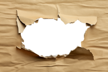 Ragged torn hole in ripped paper isolated on transparent or white background, ideal for grunge textures, creative designs, backgrounds, overlays, and art projects.
