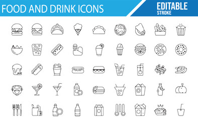 Collection of editable food and beverage icons for online menus, apps, and restaurants.
