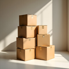 Stacked Cardboard Boxes: A minimalist composition featuring a stack of brown cardboard boxes, casting shadows against a plain background, symbolizing the process of moving.