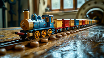 Wooden toy train on table in workshop, blurred background
