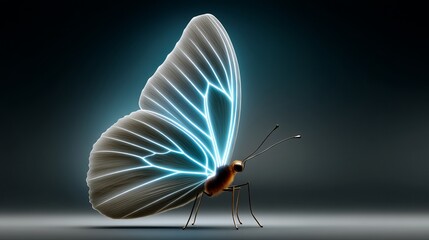 Translucent butterfly with glowing lines against a dark background.