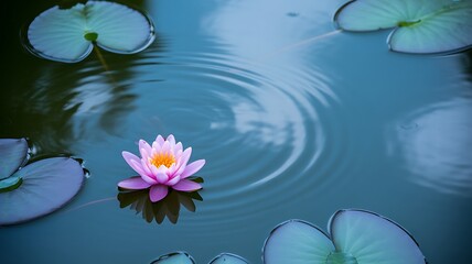 A pink water lily blossom floating on a pond with lily pads and water ripples in the background