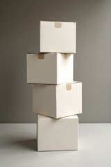 Stacked Boxes: Minimalist still life features an arrangement of simple, neutral-toned cardboard boxes stacked neatly, evoking themes of order and anticipation.