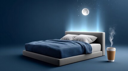 A cozy, modern bed with blue bedding, moonlight glowing, and a steaming coffee cup.