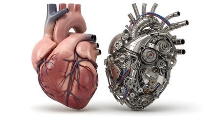 Comparison of Real and Robotic Heart: A striking visual comparison of a realistic human heart and its robotic counterpart, highlighting the contrast between nature and technology.