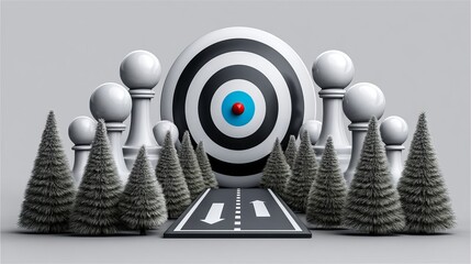 A conceptual image depicting a target surrounded by pawns and a road.
