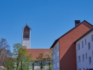 Aerial shot of a building under blue sky