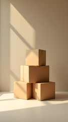 Stacked Cardboard Boxes in Sunlight: A minimalist composition featuring a stack of cardboard boxes artfully arranged, bathed in the warm, dappled sunlight streaming through a nearby window.