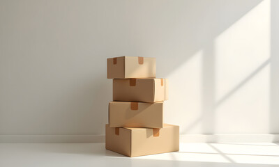 Stacked Cardboard Boxes: Four neatly arranged cardboard boxes sit against a neutral background, bathed in the soft glow of natural light, symbolizing concepts of relocation, storage, and delivery.