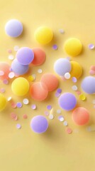 Pastel Candies and Confetti on Yellow Background