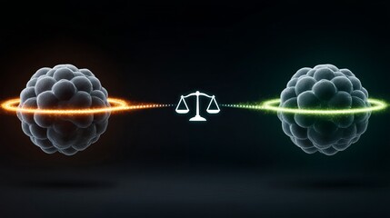 Abstract illustration of balance between two particles with equal mass in a dark setting.
