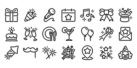 Party, celebration and event planning editable stroke outline icons set isolated on white background flat vector illustration.