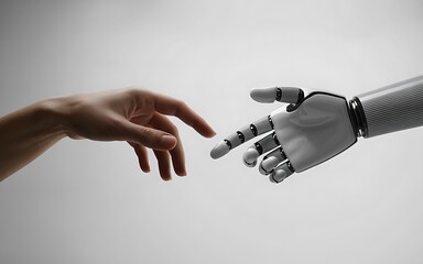 Human hand reaching out towards a robotic hand against a plain white studio background close up view