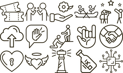 Line Art Icons Communication, Helping Hands, Sailing, Heart, Technology, Tickets, and Lighthouse Symbolism