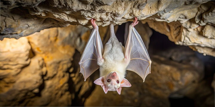 A white bat is suspended upside down from the cave ceiling, showcasing its delicate wings. Dim lighting highlights the textured rocks surrounding it, creating a mysterious atmosphere