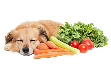 Sleepy dog surrounded by fresh vegetables