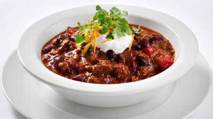 Delicious Hearty Chili in a White Bowl Garnished with Cilantro and Cheese, Showcase of Comfort Food