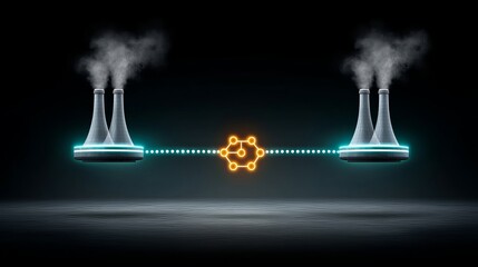 Futuristic power plant illustration with steam and digital connections, minimalist design.