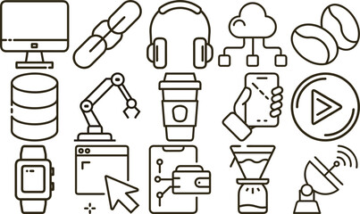 Fototapeta premium Outlined Icons Depicting Technology, Data, Automation, Media, Beverages, and Finance Concepts in Simple Style