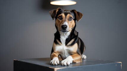 Dog resting on a gray surface under a bright light in a studio setting with a gray background