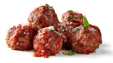 Hearty and Delicious Meatballs in Tomato Sauce Garnished with Fresh Basil and Grated Cheese