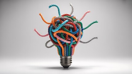 A lightbulb made of colorful ropes on a white background representing creative ideas and innovation
