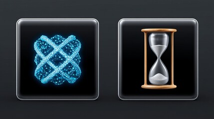 Futuristic blue digital icon next to wooden hourglass symbolizing time and technology.