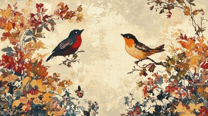 Two birds perch on branches amidst colorful leaves in a decorative scene.