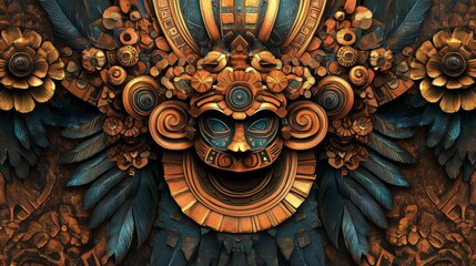 Ornate golden mask with blue feathers and intricate details against a textured background.