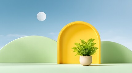 Pastel Green and Yellow Minimalist Scene with Fern