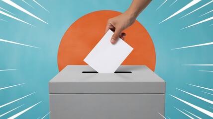 Hand placing a vote in a gray box against a blue background with an orange circle and white lines