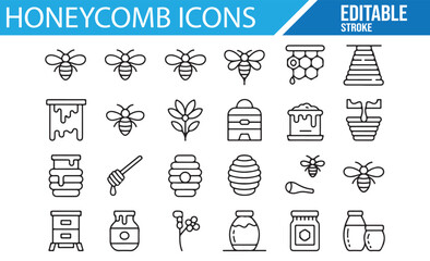 Editable honeycomb icons featuring bees, honey jars, and hives.

