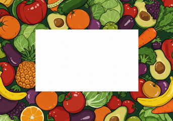 Healthy eating campaign layout – vibrant fruit and vegetable illustrations, large central area for nutrition tip or quote