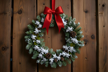 Pine wreath with faux snow and red ribbon, hanging on a wooden door 