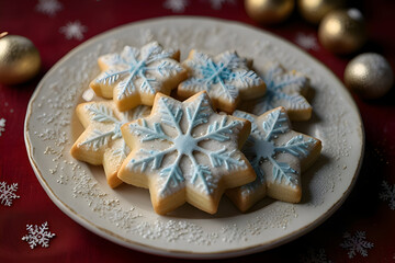 Snowflake-shaped butter cookies on a festive plate, sugar dusted on top, soft light