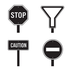 Vector illustration of four different silhouette road signs for safety and caution