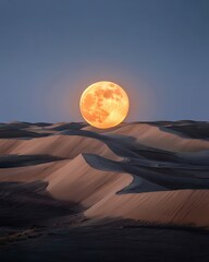 A large orange moon shining brightly above the sand dunes under a dark blue sky at night time scene