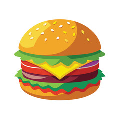 Delicious Sesame Bun Burger Digital Painting Red Tomato Yellow Cheese Green Lettuce