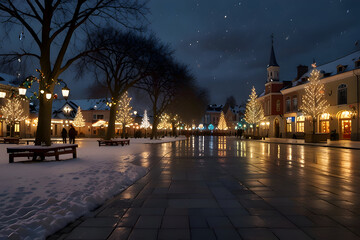 Obraz premium Town square decorated with Christmas lights and ornaments, evening sky, snow gently falling 