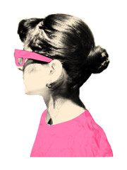 Trendy halftone art collage cut out element. Woman in profile view, wearing pink glasses and shirt paper clipping. Sticker with vintage dotted texture. Modern retro mixed media vector illustration