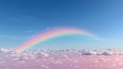 Pastel Rainbow Arch Over Pink and Blue Sky with Fluffy Clouds