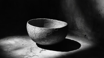 Empty bowl sits in spotlight casting shadow on textured surface.