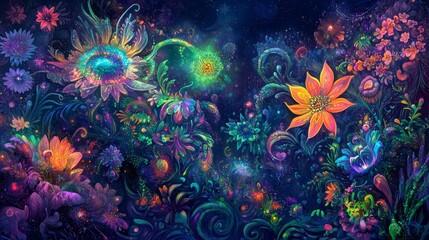 Colorful fantasy flowers glow in a dark whimsical garden illustration or painting.