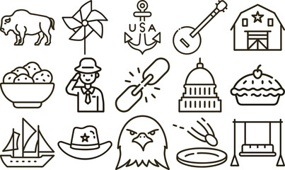 American Icons Line Art Buffalo, Windmill, Anchor, Banjo, Barn, Cookies, Sailor, Chain, Capitol, and More