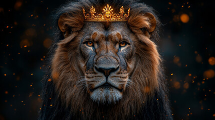 Majestic lion with crown, dark backdrop, glowing embers