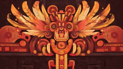 Aztec style decorative pattern featuring stylized face with wings in warm colors.