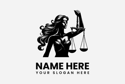 Dramatic black silhouette vector logo of Lady Justice, blindfolded and holding balanced scales, symbolizing impartiality and the pursuit of truth. Legal concept
